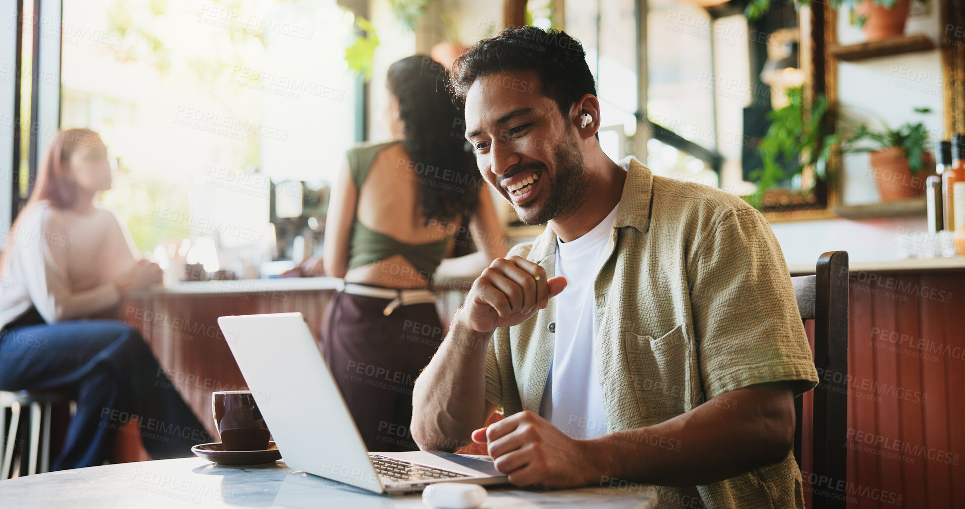 Buy stock photo Video call, laptop or man in cafe with earphones, startup pitch or online meeting in remote work. Happy, networking or freelancer with tech, small business feedback or virtual conversation in bistro.