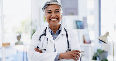 Buy stock photo Portrait, happy woman and doctor with arms crossed in hospital, medicine and pride for career growth. Medical professional, smile and confident for healthcare service, help or mature person in clinic