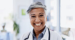 Hospital, happy and portrait of mature doctor in office for medical support, health service or career. Healthcare, wellness and woman with smile, confidence or pride for medicine, clinic and medicare