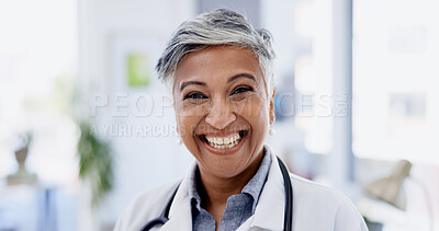 Buy stock photo Hospital, happy and portrait of mature doctor in office for medical support, health service or career. Healthcare, wellness and woman with smile, confidence or pride for medicine, clinic and medicare