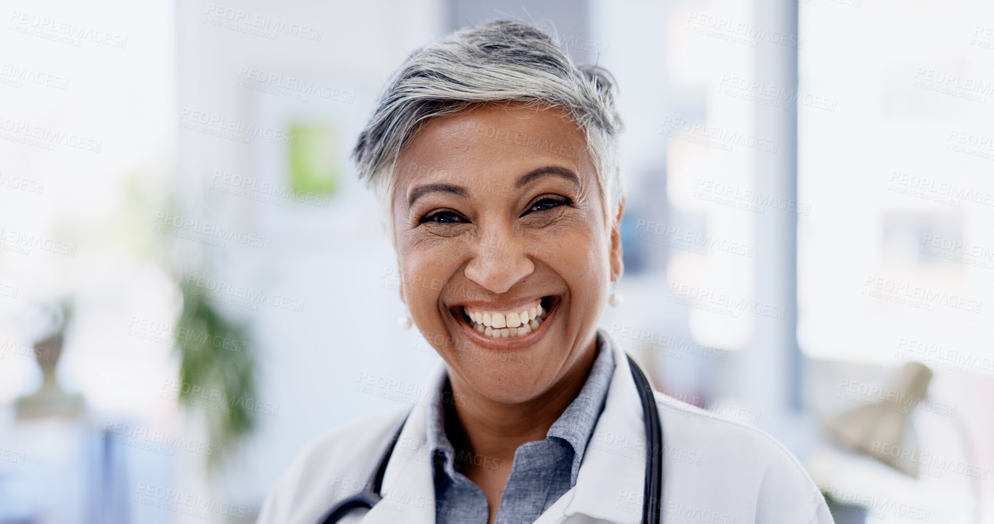 Buy stock photo Hospital, happy and portrait of mature doctor in office for medical support, health service or career. Healthcare, wellness and woman with smile, confidence or pride for medicine, clinic and medicare
