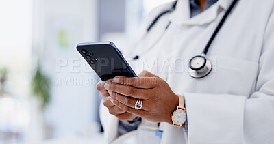 Buy stock photo Hospital, typing and hands of doctor with phone for online schedule, virtual consulting and research. Healthcare, clinic and woman on smartphone for connection, contact or website for medical service