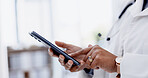 Hospital, scroll and hands of doctor with phone for online schedule, virtual consulting and research. Healthcare, clinic and woman on smartphone for connection, contact or website for medical service