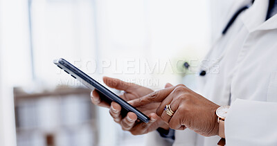 Buy stock photo Hospital, scroll and hands of doctor with phone for online schedule, virtual consulting and research. Healthcare, clinic and woman on smartphone for connection, contact or website for medical service