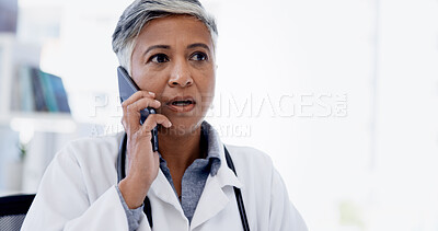 Buy stock photo Hospital, phone call and mature doctor talking for telehealth, virtual consulting or discussion. Healthcare, clinic and woman on smartphone for connection, contact or conversation for medical service