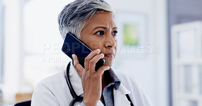 Buy stock photo Office, phone call and mature doctor in hospital for telehealth, virtual consulting and advice. Healthcare, clinic and woman on cellphone for connection, contact and conversation for medical service
