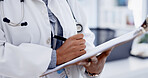 Hands, doctor or writing on clipboard in clinic for healthcare admin, test results or treatment plan. Health professional, person or medical paperwork in hospital for insurance form, info or referral