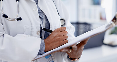 Buy stock photo Hands, doctor or writing on clipboard in clinic for healthcare admin, test results or treatment plan. Health professional, person or medical paperwork in hospital for insurance form, info or referral
