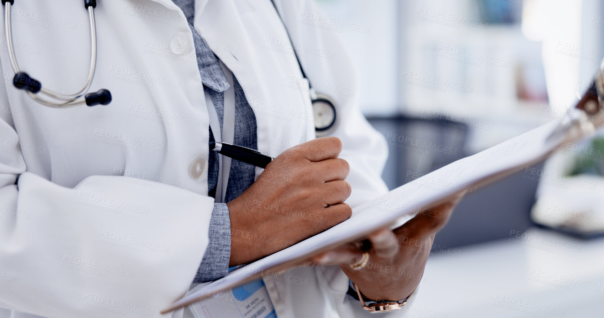 Buy stock photo Hands, doctor or writing on clipboard in clinic for healthcare admin, test results or treatment plan. Health professional, person or medical paperwork in hospital for insurance form, info or referral