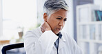 Doctor, healthcare and woman with neck pain in office for pinched nerve, physical strain and burnout. Health professional, mature person and muscle ache in clinic from work stress, fatigue or spasm 