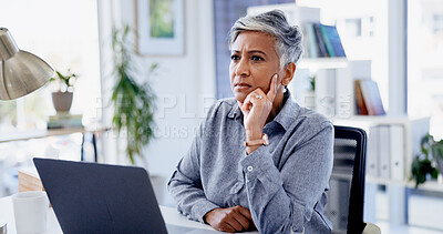 Buy stock photo Woman, laptop and serious in office with thinking, review and decision with project at insurance company. Mature person, broker or perspective with pc, insight or risk management services at agency