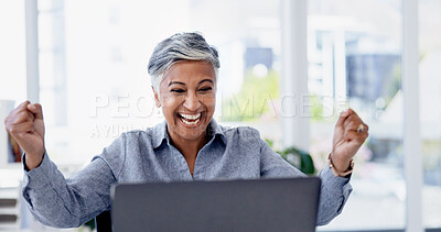 Buy stock photo Woman, laptop and celebration in office with smile, goals and success with project at investment company. Mature person, broker or happy with fist pump, pc or achievement with announcement at agency