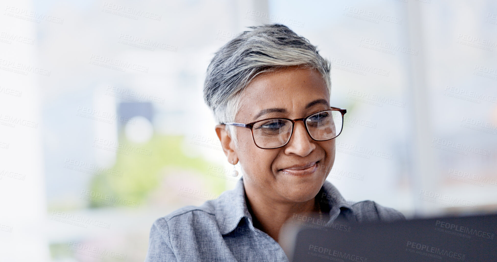 Buy stock photo Reading, glasses and happy woman with laptop in business, research and financial analysis on website. Office, bookkeeper and mature person with tech for tax preparation, online and smile for info