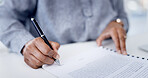 Contract, writing and hands of businesswoman in office for deal, legal documents or agreement. Pen, registration and female attorney with paperwork for application form with title deed in workplace.