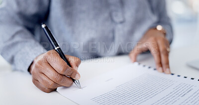 Buy stock photo Contract, signature and hands of businesswoman in office for deal, legal documents or agreement. Pen, writing and female attorney with paperwork for application form to sign title deed in workplace.