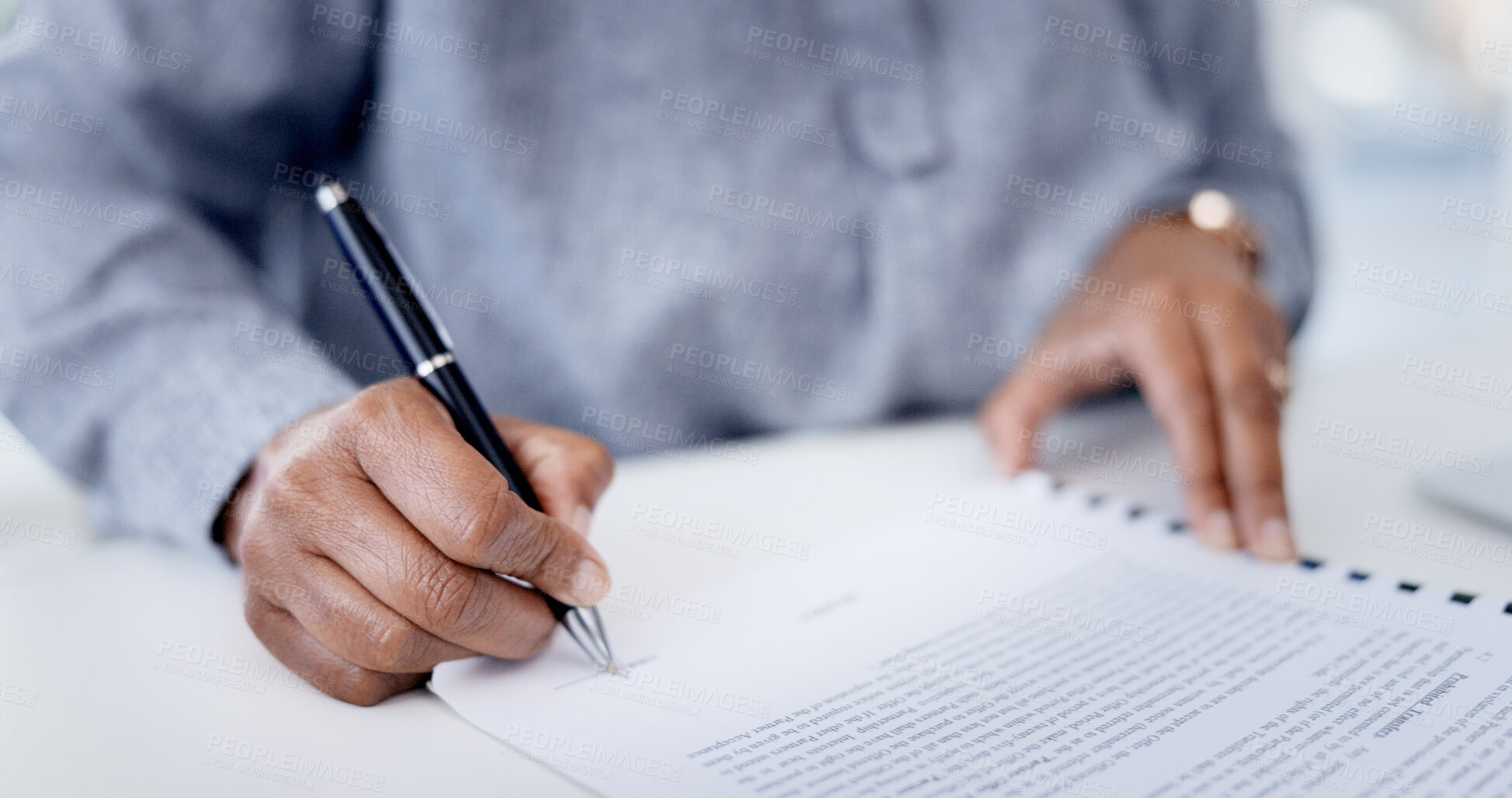 Buy stock photo Contract, signature and hands of businesswoman in office for deal, legal documents or agreement. Pen, writing and female attorney with paperwork for application form to sign title deed in workplace.