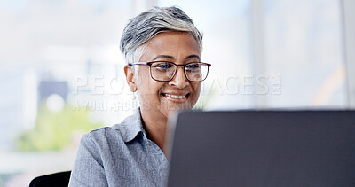 Buy stock photo Reading, glasses and happy woman with laptop in office, accountant and financial analysis on website. Business, bookkeeper and mature person with tech for tax preparation, online and research on app