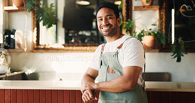 Buy stock photo Portrait, man and waiter in cafe with smile, hospitality experience and pride for customer service. Happy, person and employee in restaurant with apron, job satisfaction and confidence for about us.