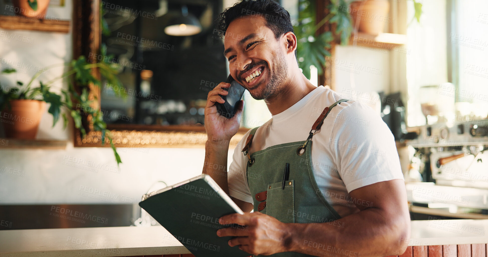 Buy stock photo Waiter, phone call or happy man with tablet in cafe for stock order, contact supplier or negotiation. Tech, coffee shop or talking with person in small business, inventory update and customer service