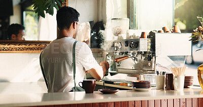 Buy stock photo Man, barista and coffee with machine in cafe for caffeine brewery, order or customer service. Male person, espresso chef or latte artist crafting with coffeemaker in shop or store for hospitality
