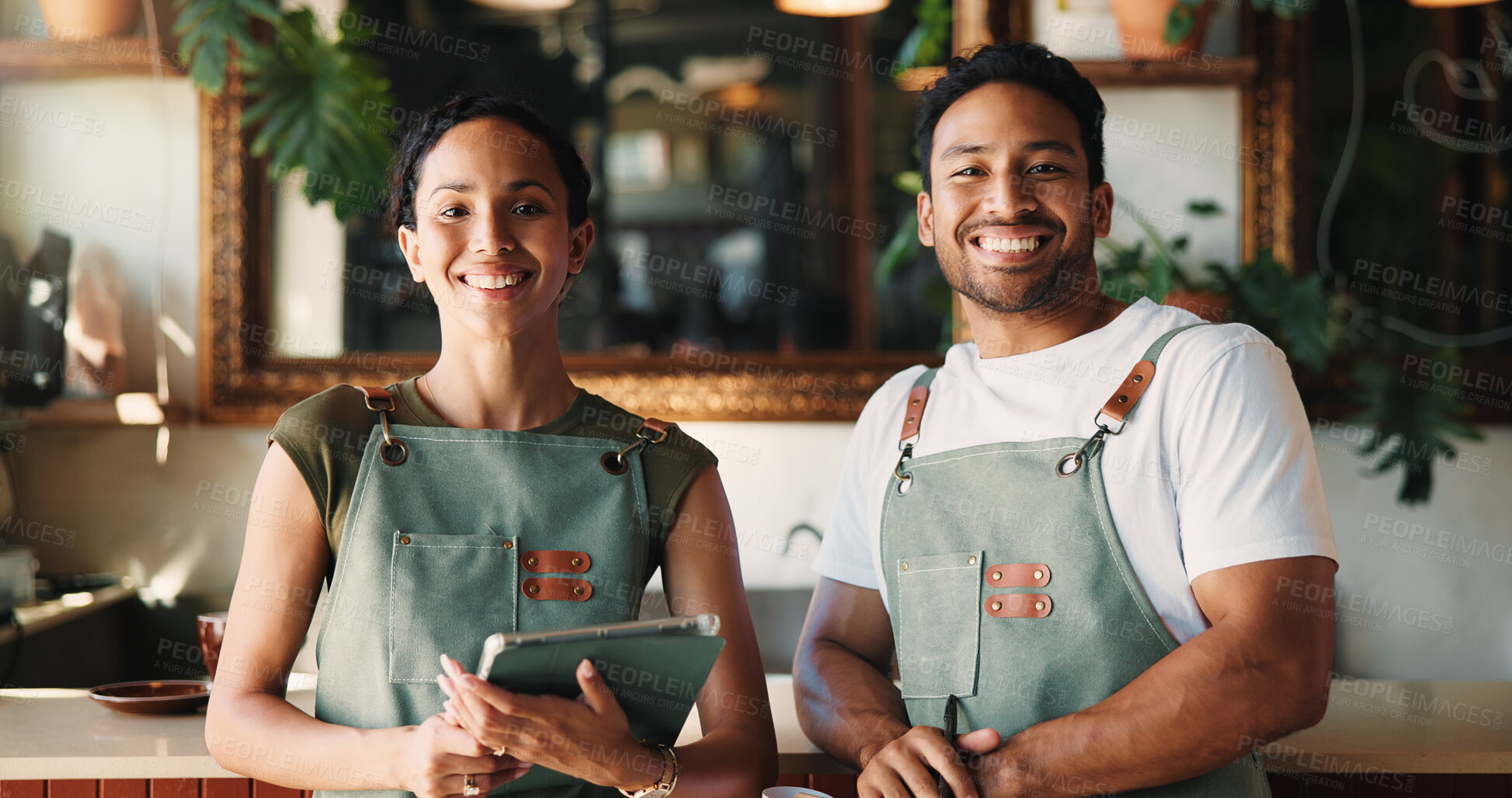 Buy stock photo People, florist and tablet with portrait at store for research, online order and inventory management. Smile, team and digital with checklist for stock update, catering pricing and floral delivery