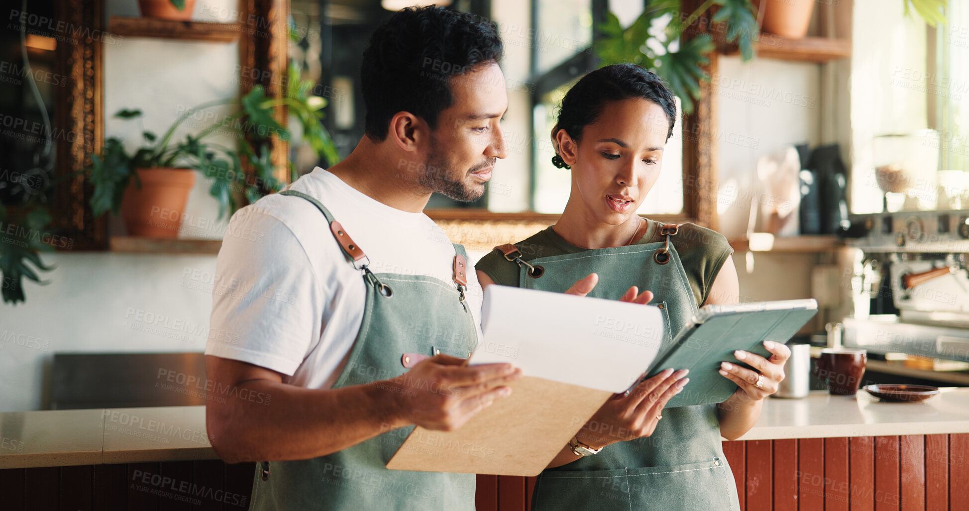 Buy stock photo People, documents and cafe with tablet for small business management, inventory or stock checklist. Man, woman or employees with technology or paperwork for revenue service or review in coffee shop