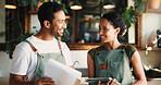 People, florist and tablet with clipboard at store for research, online order and inventory management. Smile, team and digital with checklist for stock update, catering pricing and floral delivery