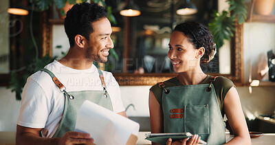 Buy stock photo People, florist and tablet with clipboard at store for research, online order and inventory management. Smile, team and digital with checklist for stock update, catering pricing and floral delivery
