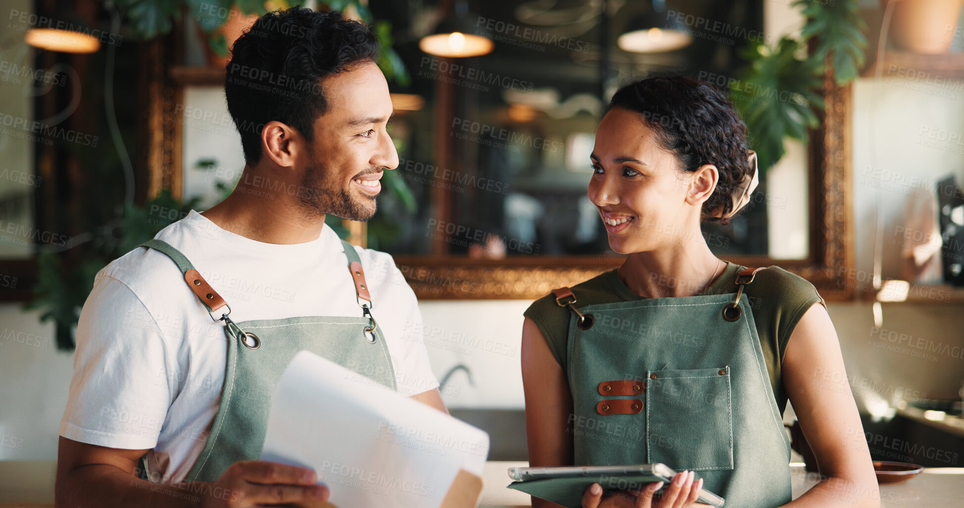 Buy stock photo People, florist and tablet with clipboard at store for research, online order and inventory management. Smile, team and digital with checklist for stock update, catering pricing and floral delivery