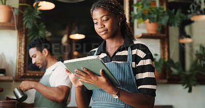 Buy stock photo Hospitality, tablet and woman in restaurant, internet and service for online order, email and startup website. Barista, entrepreneur or person in cafe, tech for inventory or planning menu with apron