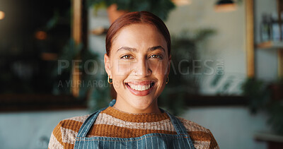 Buy stock photo Hospitality, portrait or woman in cafe with smile, pride or owner in bistro business. Happy, career or restaurant manager with about us, experience or confidence in customer service industry.