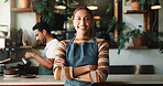 Hospitality, portrait or woman in cafe with arms crossed, pride or owner of bistro business. Happy, career or restaurant manager with about us, experience or confidence in customer service industry.