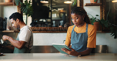 Buy stock photo Waitress, inventory and woman with tablet in cafe, reading and stock order on website or hospitality. Coffee shop, barista and person with tech for delivery schedule, small business and ecommerce
