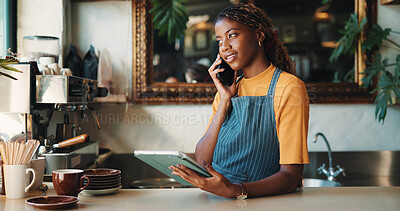Buy stock photo Barista, phone call or woman with tablet in coffee shop for stock order, contact supplier or talking. Tech, cafe and speaking with black person, customer service or inventory update in small business