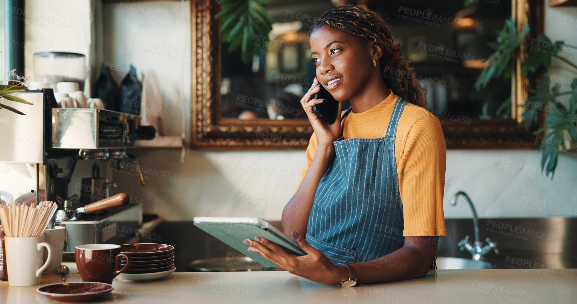 Buy stock photo Barista, phone call or woman with tablet in coffee shop for stock order, contact supplier or talking. Tech, cafe and speaking with black person, customer service or inventory update in small business