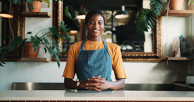 Buy stock photo Hospitality, happy or black woman in bistro with portrait, pride or owner of cafe business. Smile, career or restaurant manager with about us, experience or confidence in customer service industry.