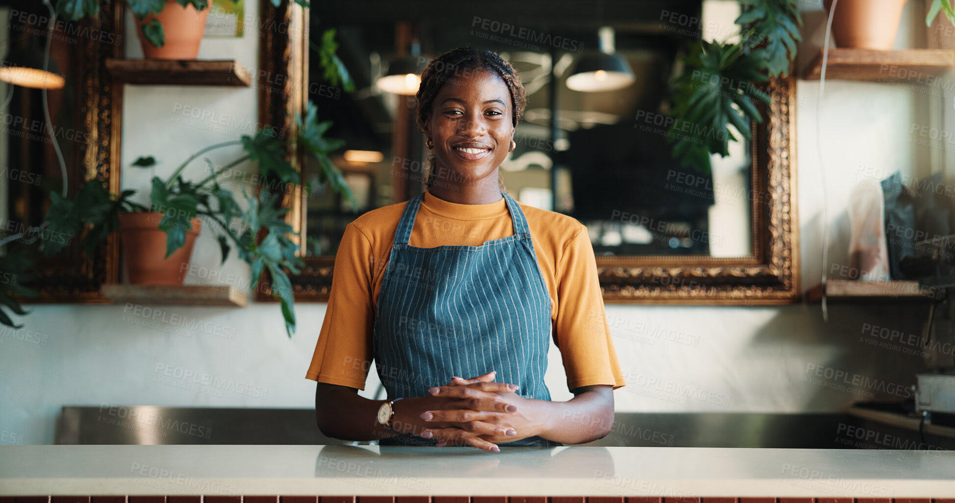 Buy stock photo Hospitality, happy or black woman in bistro with portrait, pride or owner of cafe business. Smile, career or restaurant manager with about us, experience or confidence in customer service industry.