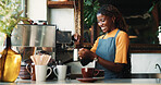 Black woman, barista and coffee machine at shop, smile and steam milk to prepare order with drink. Cafe, server and happy person with equipment for customer service, make latte and brewing process