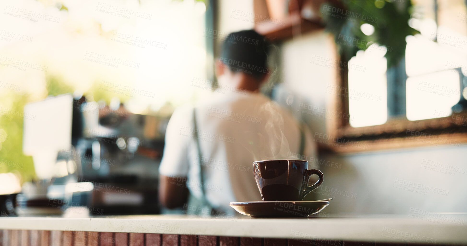 Buy stock photo Cup, hospitality and small business service in coffee shop for caffeine or fresh beverage. Drink, hot and ready with waiter person in cafe or restaurant for startup career and store management
