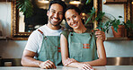 Hug, portrait and smile of couple in coffee shop together for management or store ownership. Hospitality, proud and service with happy people embracing in restaurant cafe for small business startup