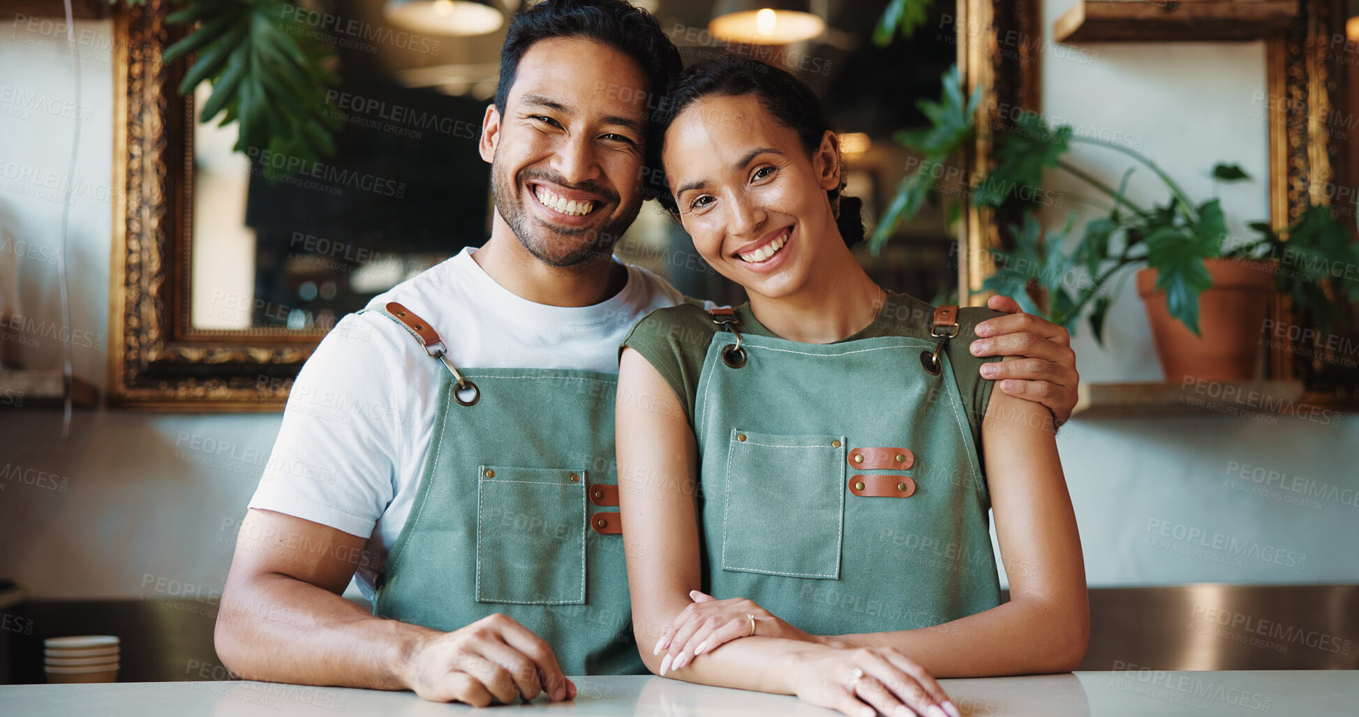 Buy stock photo Hug, portrait and smile of couple in coffee shop together for management or store ownership. Hospitality, proud and service with happy people embracing in restaurant cafe for small business startup