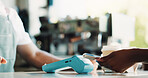 People, hands and phone in cafe with POS machine, eft transaction or bill payment for hospitality. Cashier, customer service and tech in restaurant with digital banking, purchase or cashless transfer