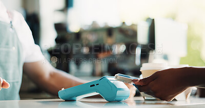Buy stock photo People, hands and phone in cafe with POS machine, eft transaction or bill payment for hospitality. Cashier, customer service and tech in restaurant with digital banking, purchase or cashless transfer