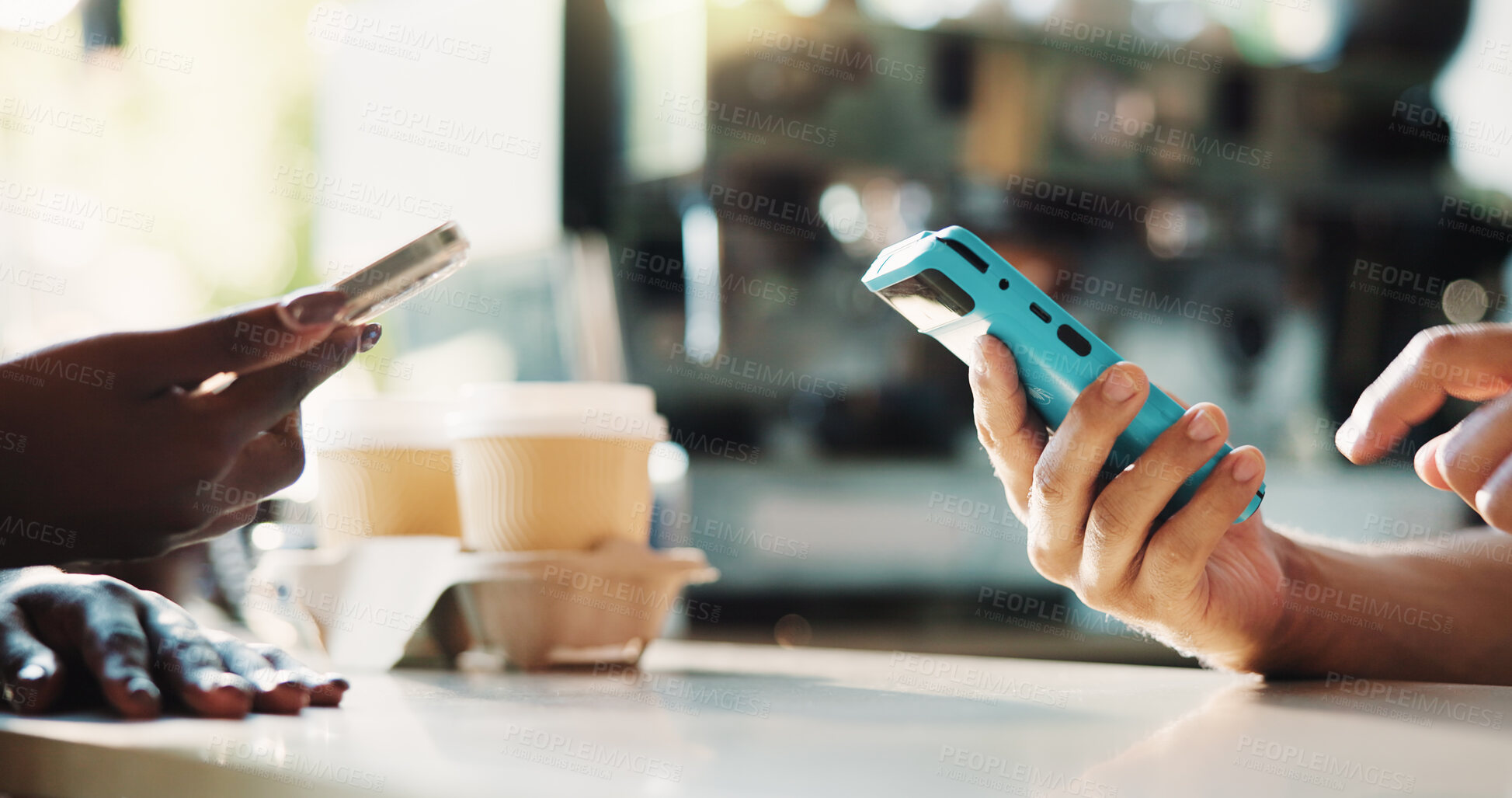 Buy stock photo Hands, payment and phone in coffee shop with POS machine, eft transaction and bill for hospitality. People, cashier and customer service in cafe with digital banking, purchase and cashless transfer.