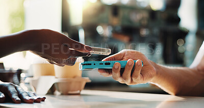 Buy stock photo Hands, payment and phone in cafe with POS machine, eft transaction and bill for hospitality service. People, cashier and customer in coffee shop with digital banking, purchase and cashless transfer.