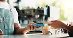 People, hands and phone in coffee shop with POS machine, transaction and bill payment for hospitality. Cashier, customer service and tech in cafe with digital banking, purchase and cashless transfer.