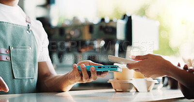 Buy stock photo People, hands and phone in coffee shop with POS machine, transaction and bill payment for hospitality. Cashier, customer service and tech in cafe with digital banking, purchase and cashless transfer.
