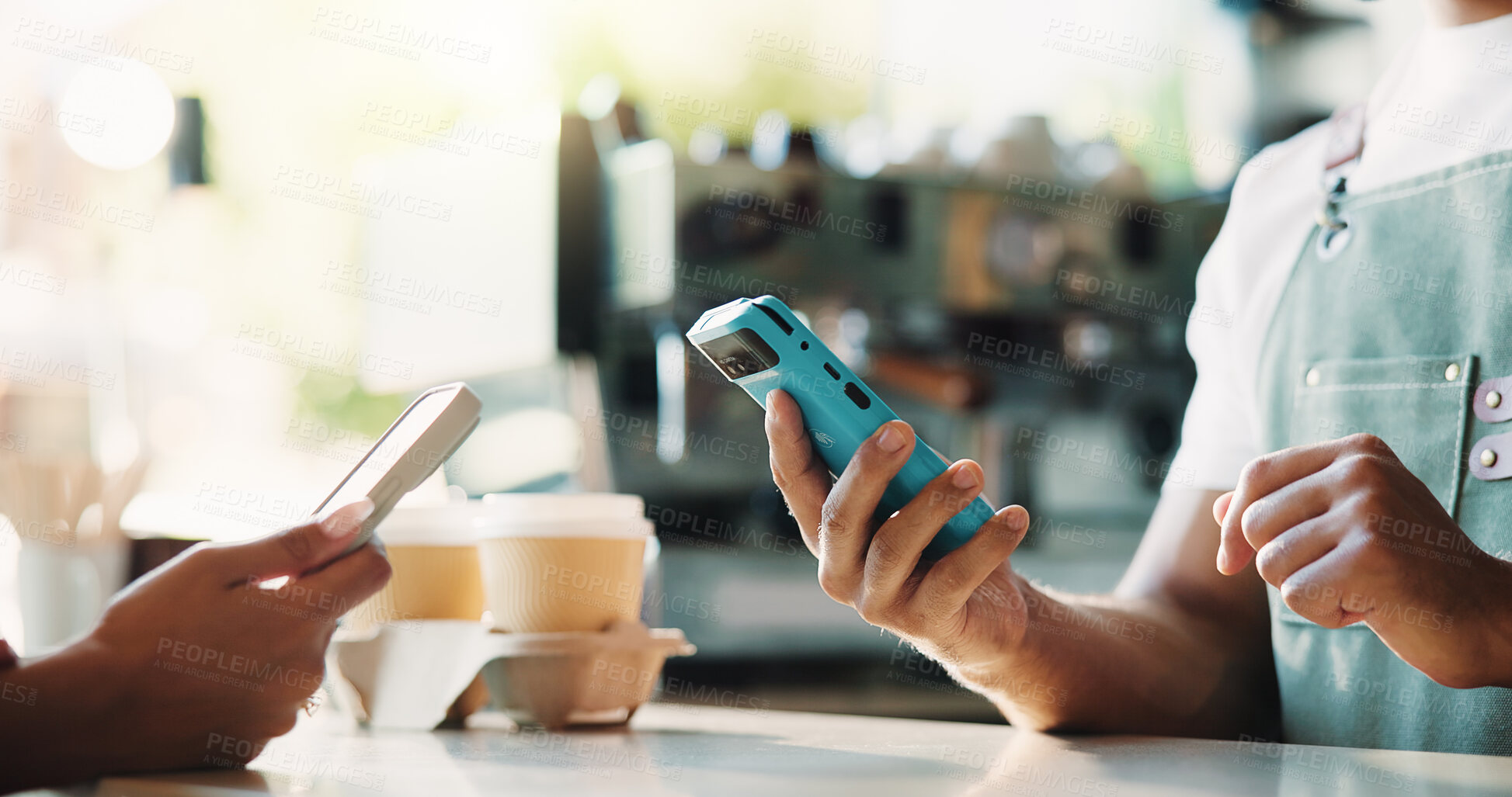 Buy stock photo Cashier, hands and phone in coffee shop with POS machine, transaction and bill payment for purchase. People, customer service and tech in cafe with digital banking, hospitality and cashless transfer.