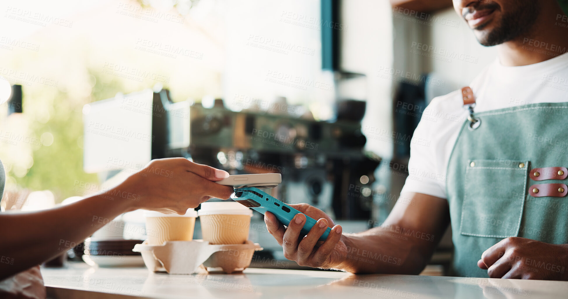Buy stock photo Customer, hands and phone in coffee shop with POS machine, transaction and bill payment for hospitality. People, cashier and fintech in cafe with digital banking, purchase and contactless transfer.