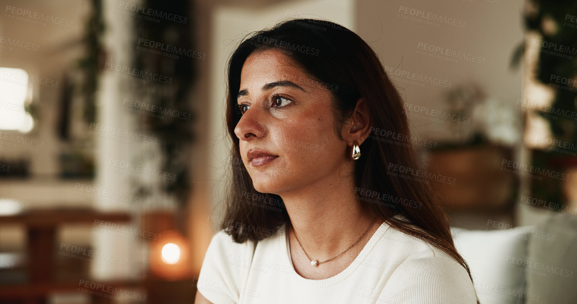 Buy stock photo Thinking, relax and idea with woman on sofa in home for reflection, planning and inspiration. Vision, mindfulness and perspective with female person in living room of apartment for insight and calm